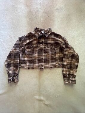 Brown Cropped Plaid Button Up